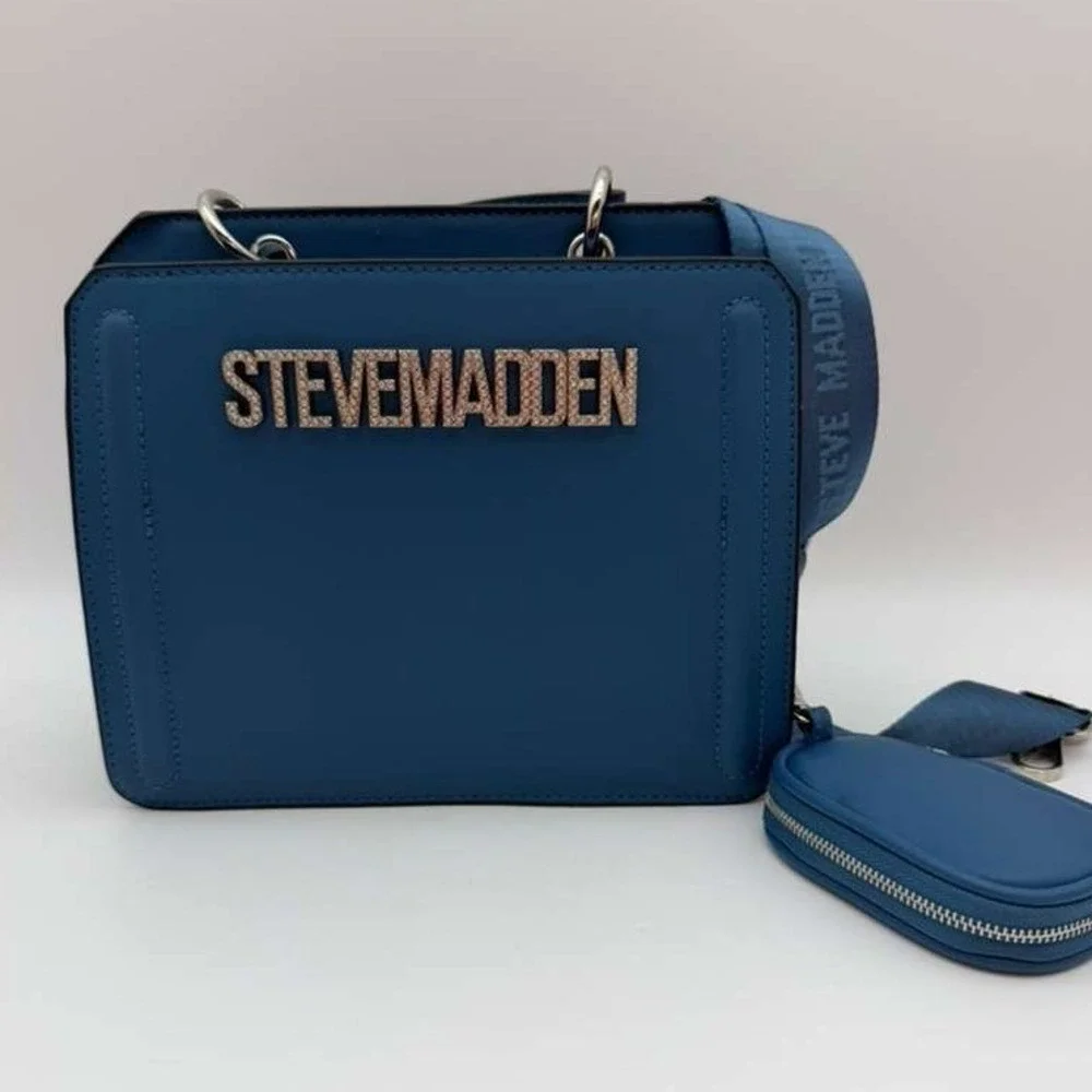 Steve Madden Blue Crossbody Bag‎ Rhinestone Logo With Mini Pouch New